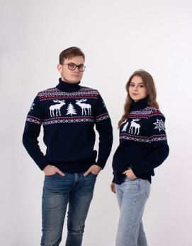 Свитер с высоким горлом синий Два оленя и елка 114/12 размер S